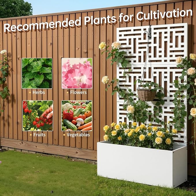 Outvita Metal Planter Box with Trellis 71’’ x 36’’ x 16’’ Raised Garden Bed with Drainage Holes for Climbing Plants Vegetables Vines Privacy Planters for Patio (White)
