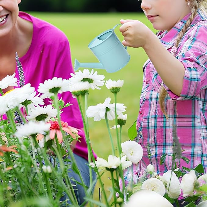 Small Metal Watering Can Set Pink 1.2L and 0.23L Garden Cans with Long Spout Indoor Outdoor Plant Care (Green Blue)