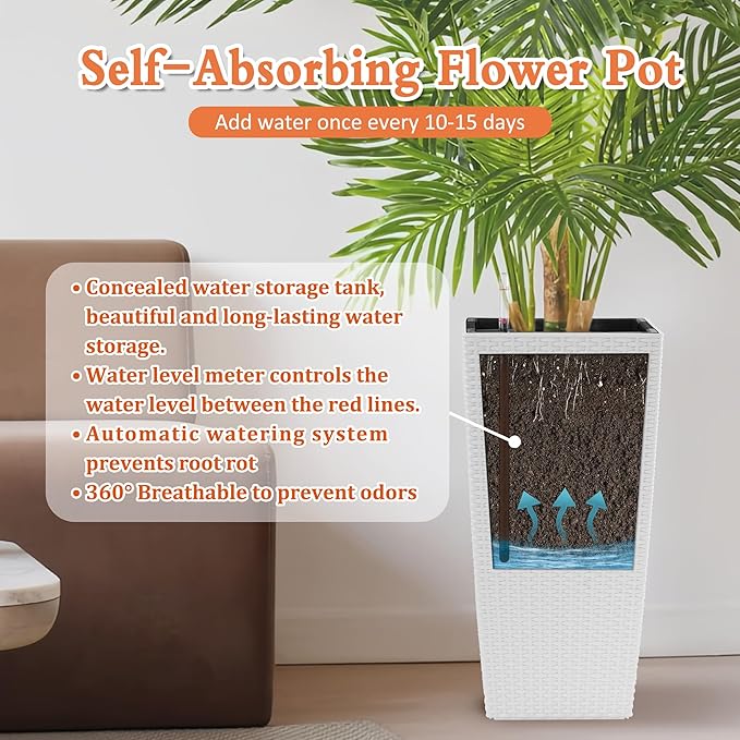 Square Planter for Indoor or Outdoor Use 22 Inch High Faux Rattan Flower Pot with Automatic Watering System for Porch Patio Backyard Makes Keeping Flowers Easier (Pack of 2 White)