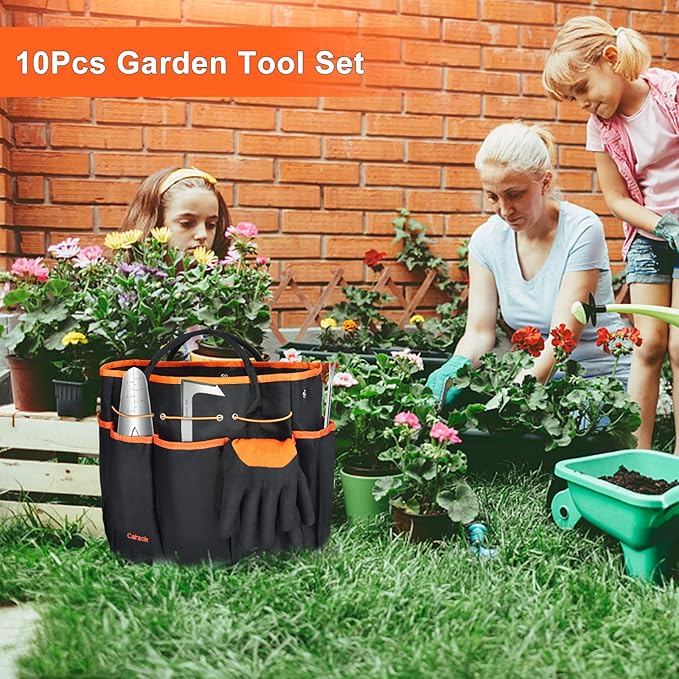 Garden Tools Set Carsolt 10 Piece Stainless Steel Heavy Duty Gardening Tools Set for Planting Pruning Gardening Kit with Durable Gardening Bag Gloves Gift Box Ideal Garden Gifts for Women Men(Orange)