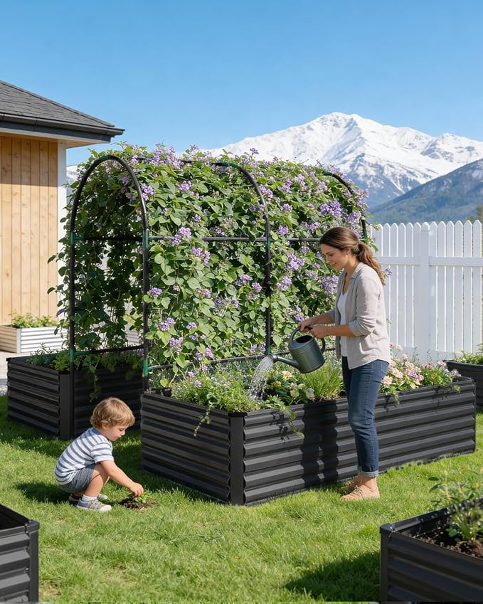 Raised Garden Bed with Arch Trellis for Climbing PlantsGalvanized Raised Garden BedPlanter Boxes Outdoor for Vegetables Flowers Herb269 Gallon Capacity Black
