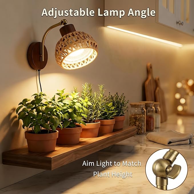 Hanging Grow Lights for Indoor Plants Auto Cycle Timer 18W Full Spectrum Wall Mounted Grow Light Boho Rattan Lantern Shade Adjustable Head 16 FT Power Cord for Indoor Plant Growing Flowers