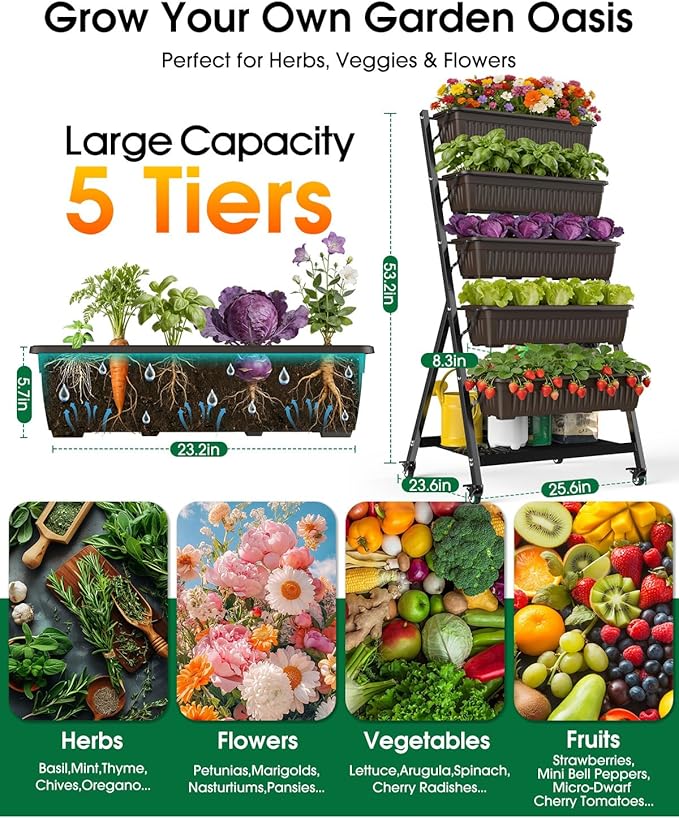 5-Tier Vertical Garden Bed Planter Boxes with Wheels Drainage System &amp Storage Space Mobile Vertical Garden Planter with 5 S-Hooks for Plants Vegetables Flowers Herbs in Garden Patio Yard