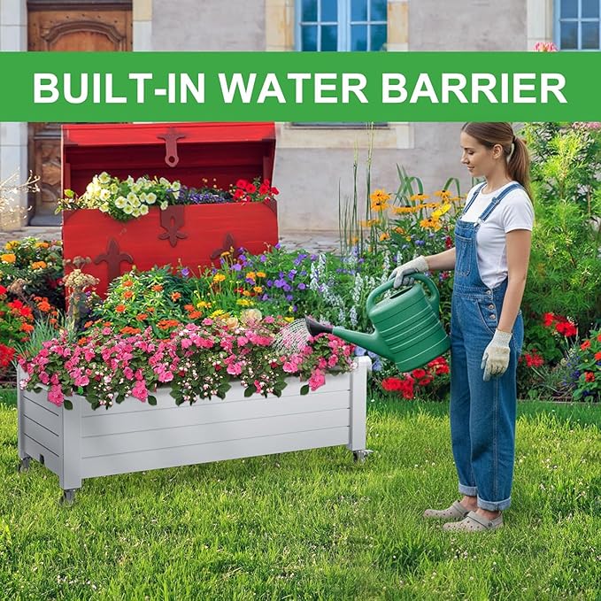 Raised Garden Bed with Wheels 21 Gallon Self-Watering Outdoor Raised Planter Box with Drainage Plug &amp Gauge for Vegetables Flowers Herbs Rustproof Resin for Backyard Patio Porch (Ashen)