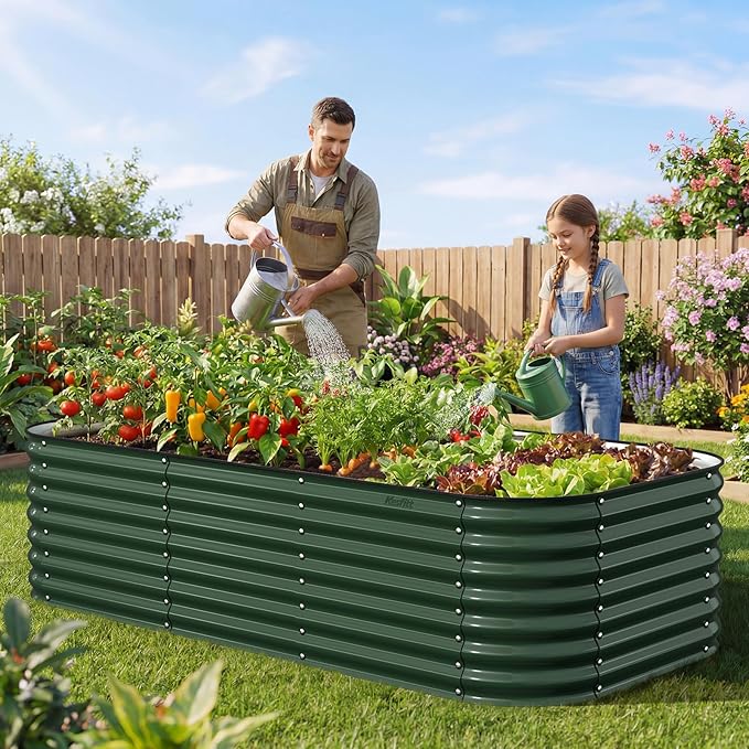 Kesfitt Raised Garden Bed Outdoor Galvanized Steel Metal Raised Bed Planter for Vegetables &amp Garden 24-Inch Deep Open Bottom Backyard Bed 8x4x2 ft Forest Green