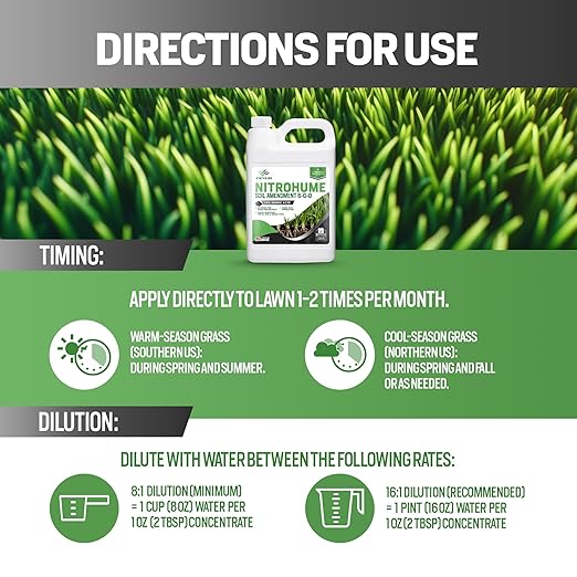 1 Gallon Liquid Lawn Fertilizer - Covers 16000 sq. ft. NitroHume Nitrogen Liquid Fertilizer for Lawns Humic for Healthy Soil - Ideal Grass Food for Lawn Plant Food for Grass Greener Growth