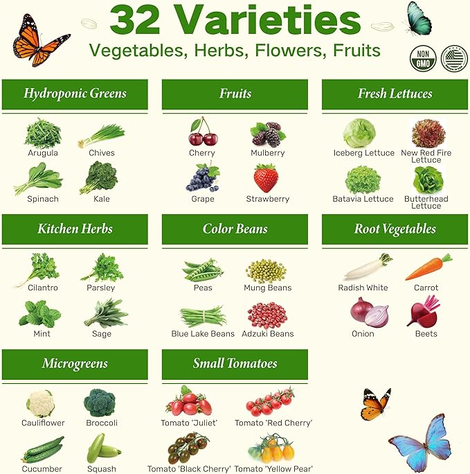 Lush&ampDew Year-Round USDA Zone 5 Seed Bank 32 Varieties Non-GMO Heirloom Seeds of Vegetables Herbs Gardening Gifts for Women Men Emergency Survival Kit for Raised Garden Bed Greenhouse