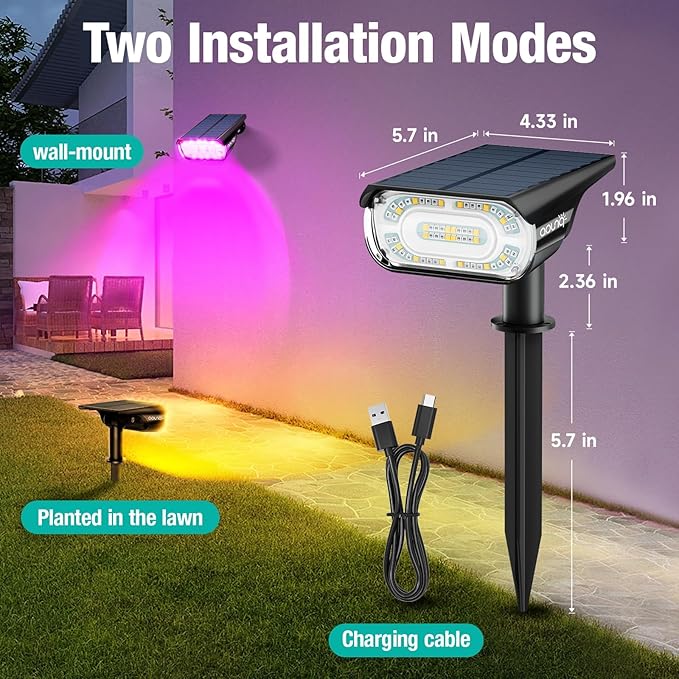68 LEDs RGB Solar Spot Lights 1000 Lumens 9 Lighting Modes Color Changing Solar Outdoor Lights IP67 Waterproof 2-in-1 Landscape Garden Light for Yard Patio 4 Pack