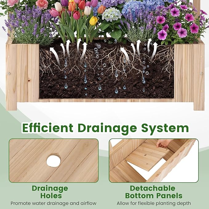 Giantex Wooden Raised Garden Bed with Arched Trellis Set 2 71” Fir Wood Outdoor Elevated Planter Box Privacy Screen w/Drainage Holes Vertical Garden Bed for Climbing Plants Patio Balcony Backyard