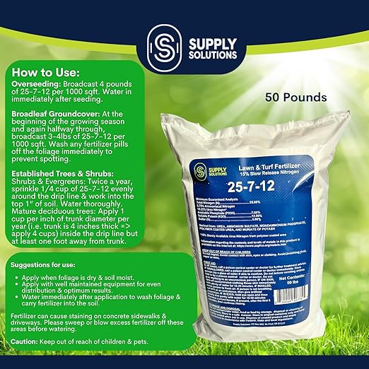 Supply Solutions 25-7-12 Lawn and Turf Fertilizer - 15% Slow Release Nitrogen Lawn Fertilizer for All Grass Types Shrubs - Turf Builder Plant Food Covers 12500 sq.ft (50lbs)