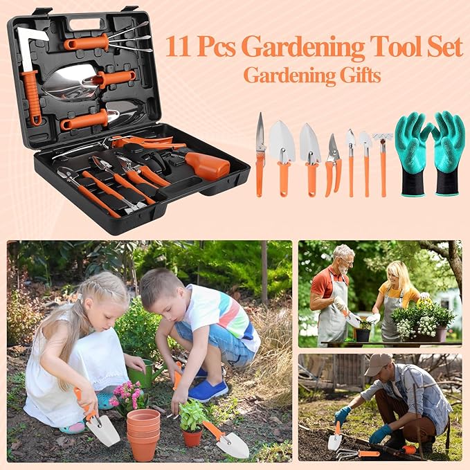 Gardening Tool Set 11 Pieces Gardening Tools with Carrying Case Garden Tool Kit for Digging Planting Pruning Unique Gardening Set with Gloves for Women and Men (Orange)
