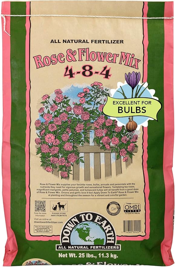 Down To Earth All Natural Fertilizers Organic Rose &amp Flower Mix - Plant Food for Roses Bulbs Flowers and Ornamentals 4-8-4 25 lb
