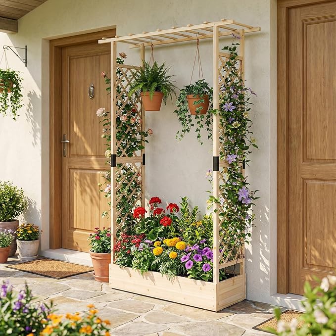 Giantex Wooden Raised Garden Bed with Trellis &amp Hanging Roof 2 Pack Fir Wood Planter Box 89” Freestanding Elevated Garden Bed for Outdoor Climbing Plants Vegetables Flowers Patio &amp Balcony