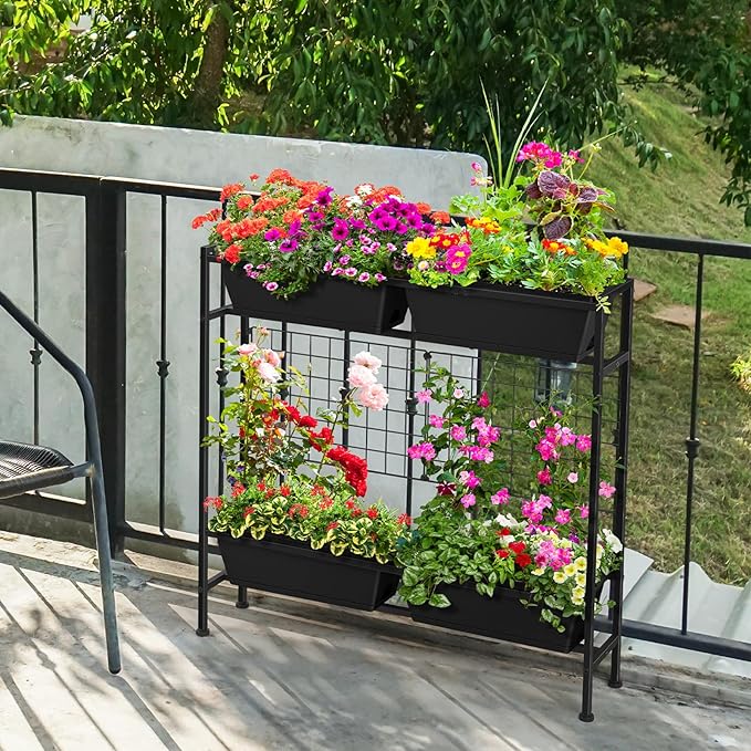 OYEAL Raised Garden Bed 32 Tall Elevated Planter Boxes with Trellis &amp Legs Standing Herb Garden Planter Outdoor for Gardening Vegetables Flowers Herbs Backyard Black