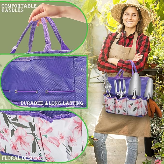 Gardening Tools Set 11 Piece Garden Hand Tools Garden Tools Set with Rust-ProofFashion and Durable Garden Tools Organizer Handbag Perfect Gardening Gifts for Mothers Day &amp Outdoor (Purple)