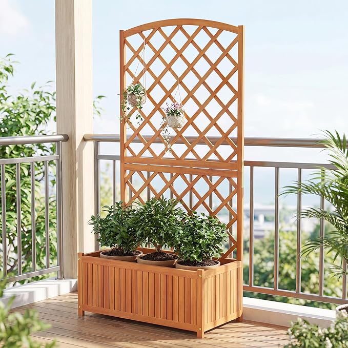 S AFSTAR 2 Pieces Wooden Raised Garden Bed with Trellis 63 Tall Planter Box with Drainage for Vines Climbing Plants Flowers Herbs Elevated Gardening Planter for Backyard Balcony &amp Patio
