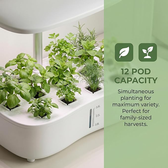 Hydroponics Growing System Kit Soil-Free Indoor Herbs Garden 12 Pods Plant Growth Equipment with 24W Full Spectrum LED Grow Light Smart Silent Cycle Water Pump 3.8L Tank for Gardening