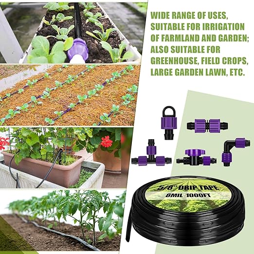 Tondiamo 250' 5/8 Inch Drip Tape Irrigation Tubing Kit 16 Mil 6 Spacing Garden Hose Watering Tube Line Automatic Equipment for Garden Irrigation System Farms Landscape Lawn