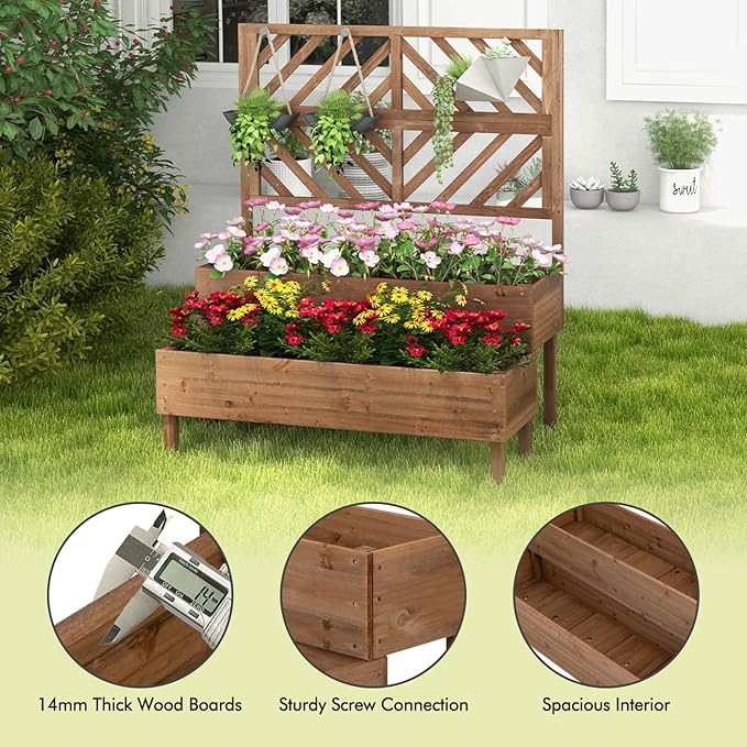 ORALNER Raised Garden Bed with Trellis 43” x 24.5” x 53” Outdoor 2-Tier Wooden Planter Box with Drainage Holes Elevated Garden Trellis Planter for Vine Flower Herb Fruit Vegetable (Brown)