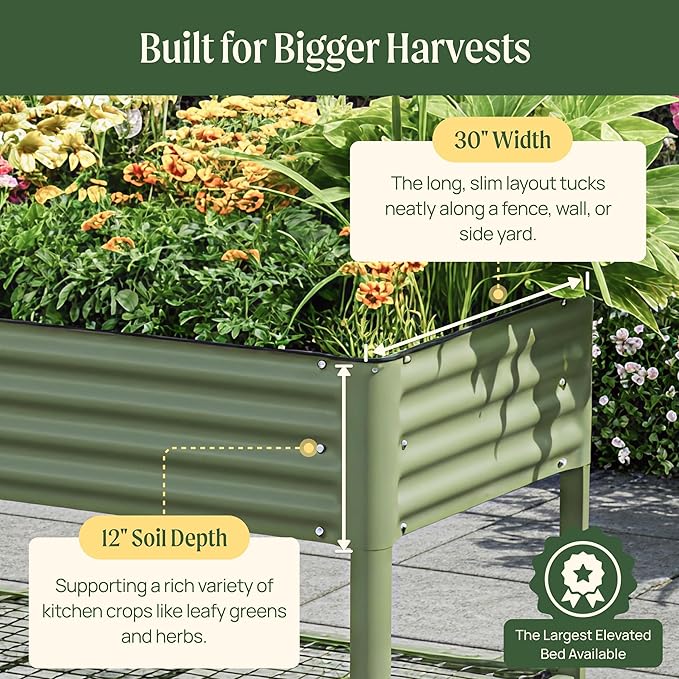 Rolling Elevated Raised Garden Bed - Jumbo Series 2.5' x 10' Outdoor Planters Boxes with Legs &amp Storage Rack for Patio 2000+ Lbs Weight Capacity Raised Beds for Gardening Herbs Flowers Olive G