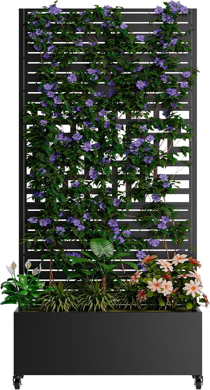 73'' Metal Raised Garden Bed with Trellis Planter Box Outdoor with 4 Wheels &amp Privacy Screen Galvanized Raised Beds Planters Flower Box for Climbing Plants Vegetables (Black3)