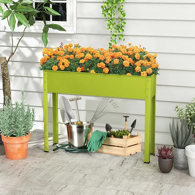 Giantex Raised Garden Bed Metal Planter Box with Legs Drain Hole Outdoor Indoor Elevated Garden Box for Vegetable Flower Herb Fruit Standing Raised Beds for Backyard Porch Balcony Green