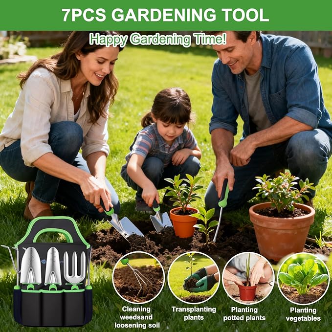 Yesker Gardening Tools 7-Piece Heavy Duty Garden Tool Set Gardening Supplies Gifts for Women Men Gardening Hand Tool Kit with Non-Slip Ergonomic Handle Durable Garden Bag Pruning Shears Black Green