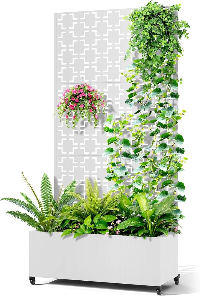 Metal Raised Garden Bed with Trellis 2-in-1 Planter Box &amp Privacy Screen for Climbing Plants Outdoor Standing Flower Bed with Drainage Holes 35.4 L x 15.7 W x 70.1 H White-Square
