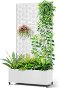 Metal Raised Garden Bed with Trellis 2-in-1 Planter Box &amp Privacy Screen for Climbing Plants Outdoor Standing Flower Bed with Drainage Holes 35.4 L x 15.7 W x 70.1 H White-Square