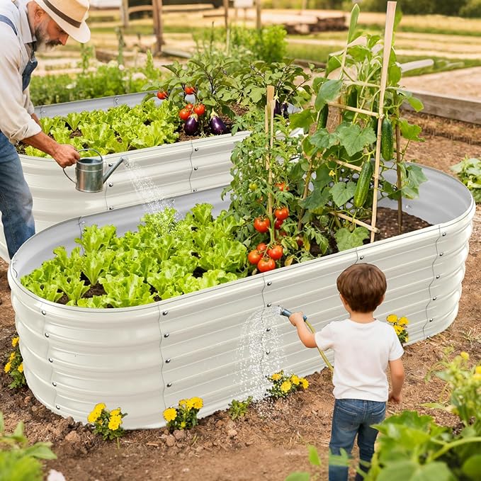 17 Tall Outdoor Garden Raised Garden Bed Kits 5ft X 2ft Oval0.8MM Thick Metal Raised Planter Bed/Ground Planter Box for Variety of FlowersHerbsVegetables (Cream White 60X24X16.5 Inches)