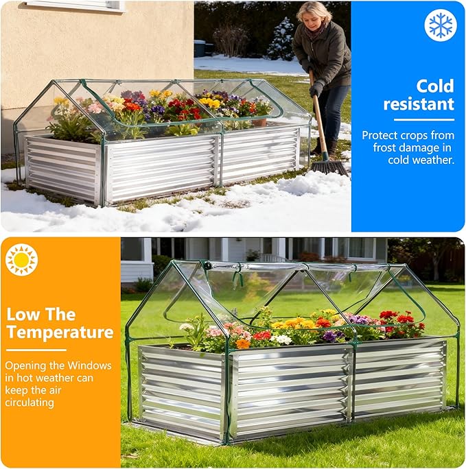 NEWBULIG 6x3x2ft Galvanized Raised Garden Bed with Greenhouse Cover Outdoor Metal Planters Box for Planting Vegetables Flowers &amp Herbs Easy Assembly Clear