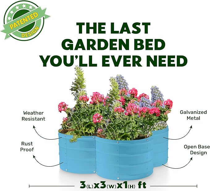 Plant &amp Plot Galvanized Raised Garden Beds Outdoor // 3×3×1 ft Planter Raised Beds for Gardening Vegetables Flowers // Large Metal Garden Box (Teal) // Patented Tool-Free Design