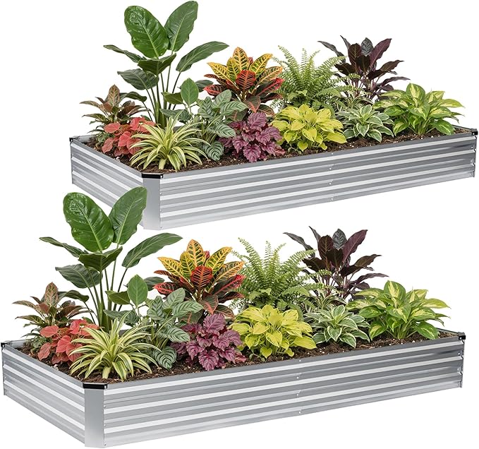G GOOD GAIN 8x4x1ft Galvanized Raised Garden Bed Heavy-Duty Metal Planter Boxes Outdoor for Vegetables Flowers Herbs Silver(2 Pack)