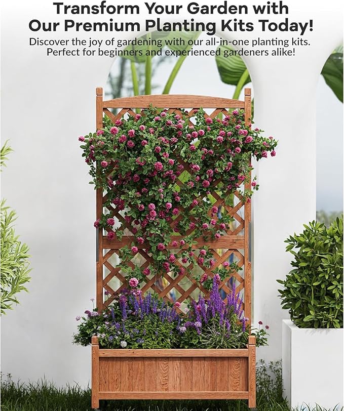 Acekool Wood Planter Box with Trellis &amp Wheels - Raised Vertical Garden Bed with Drainage - for Flowers Herbs &amp Vegetables - 1PCS