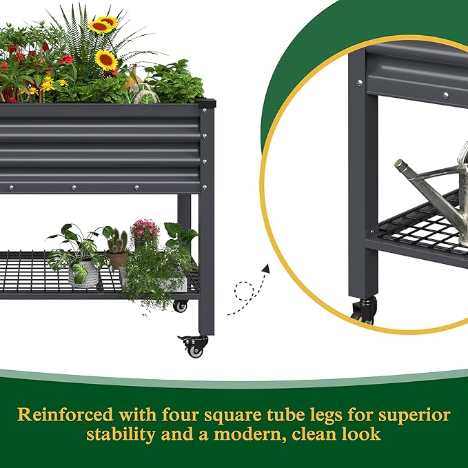 BlueWish 48 W x 24 D x 34 H Outdoor Galvanized Garden Bed Elevate Raised Bed with Detachable Black Liner Rolling Casters Storage Shelf Planter Boxes for Gardening Vegetable Flower Grey