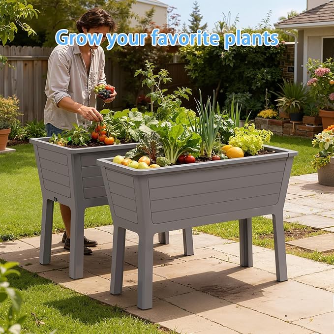 2-Pack 26.5 Gallon Elevated Raised Garden Bed 44 Large Planter Box Sturdy Resin Weather-Resistant Planting Container for Vegetables Herbs &amp Flowers Ergonomic Raised Bed for Patio Balcony (Ta