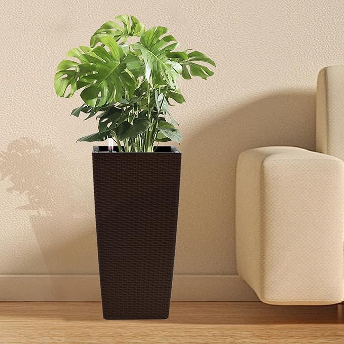 IndoorOutdoor Faux Rattan Square Planter 22.6 inch Brown Plastic Large Planter with Automatic Watering System for Home and G(Brown 22.6 inch 2 Pack)