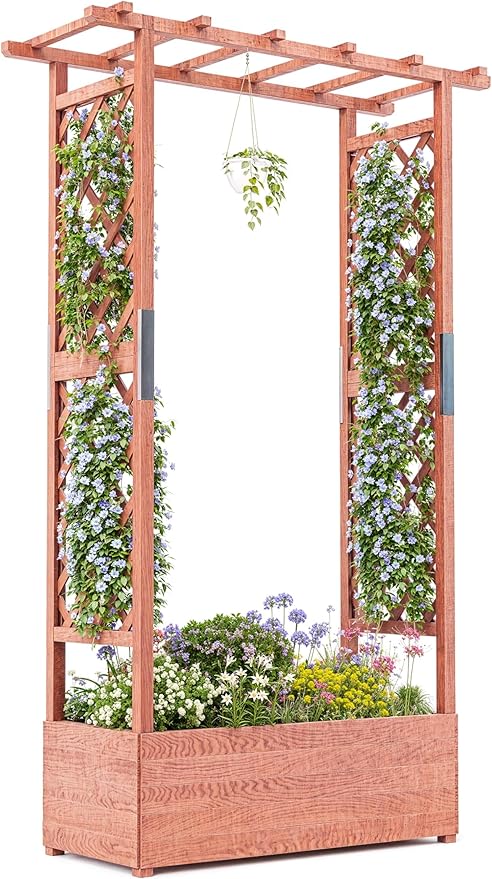 Raised Garden Bed with Trellis Wood Planter Box with Hanging Roof Side Trellis 4 Drainage Holes Elevated Garden Bed for Outdoor Climbing Plants Vines Patio 43.3''x17.3''