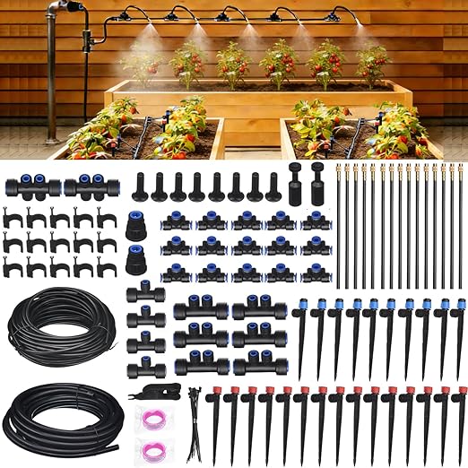 Drip Irrigation Kit for Garden Automatic Watering System with Quick Connect Fittings Adjustable Spray Nozzles Water Saving Irrigation System for Yard Greenhouse Lawn &amp Potted Plants (140FT)