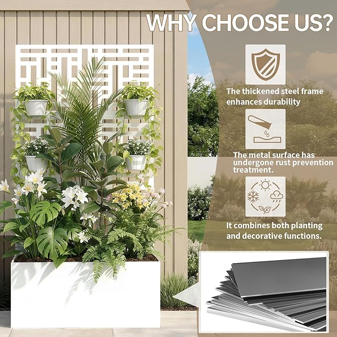 Outvita Metal Planter Box with Trellis 71’’ x 36’’ x 16’’ Raised Garden Bed with Drainage Holes for Climbing Plants Vegetables Vines Privacy Planters for Patio (White)