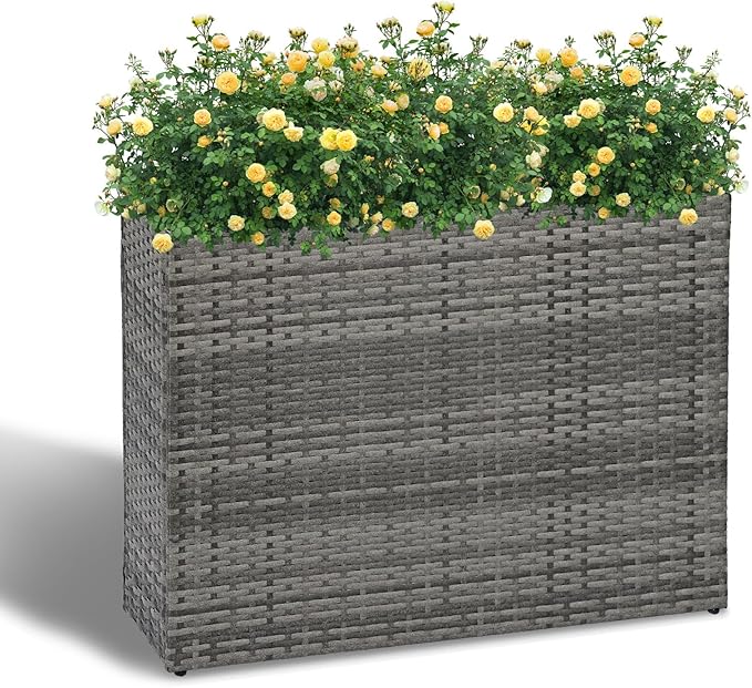 LEWIS&ampWAYNE Large Rectangular Block Planter Box Handmade Wicker Tall Planters for Outdoor Plants with Removable Liners Modern Planter for Indoor Outdoor Patio Deck - Gray 38''x11''x30''
