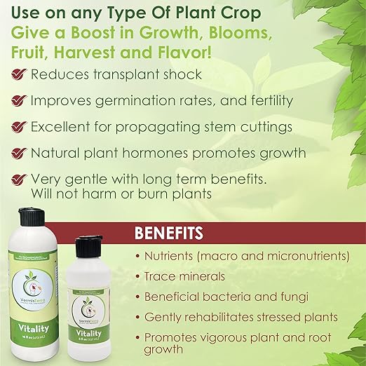 VermisTerra Vitality 16 oz - Growth Accelerator Energy Booster Seedling Fertilizer Organic Plant Food Promote Rapid Growth All Plants Root Cuttings Will Not Burn Reduces Transplant Shock