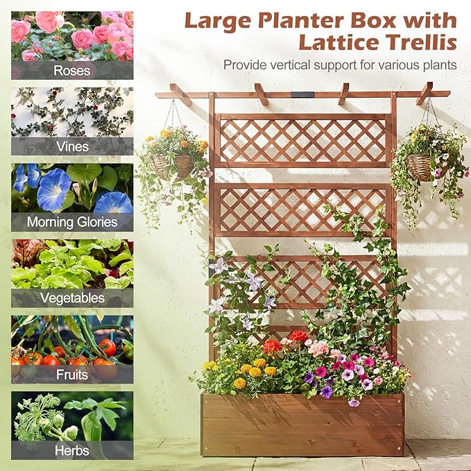Giantex Raised Garden Bed with Trellis 72'' Wooden Planter Box Outdoor w/Privacy Screen Roof Large Vertical Garden Planter w/Drainage Holes for Climbing Plants Patio Balcony Backyard