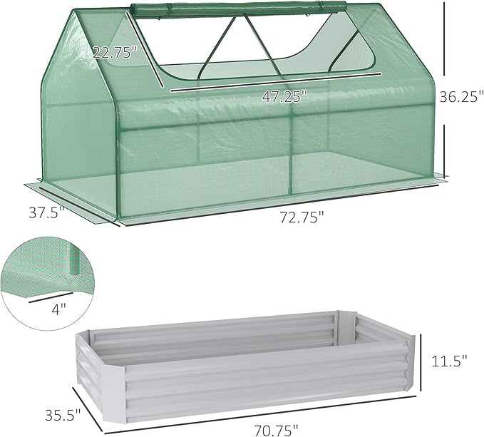 6' x 3' Galvanized Raised Garden Bed with Mini PE Greenhouse Cover Outdoor Metal Planter Box with 2 Roll Up Windows for Growing Flowers Fruits Vegetables and Herbs Light Gray