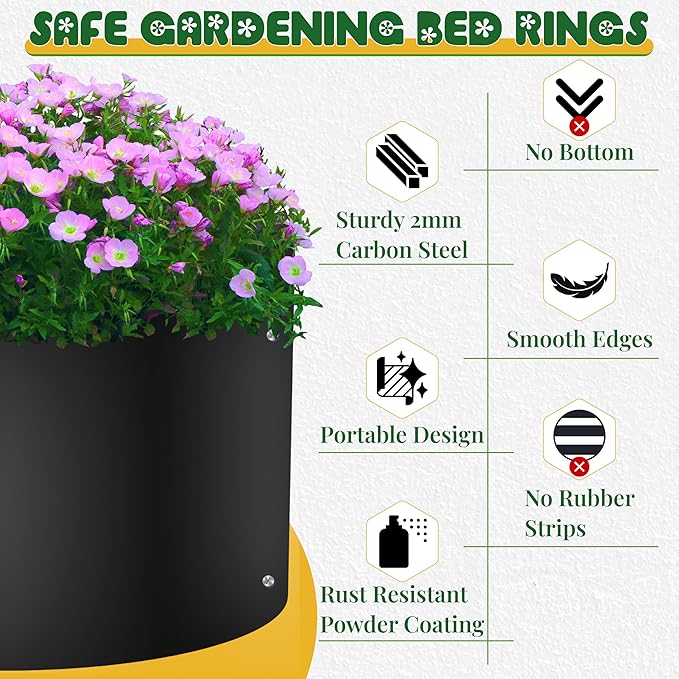 FEBTECH Bottomless Planters for Outdoor Plants - 38 Dia x 12 H Portable 2mm Carbon Steel Raised Garden Bed Ring - Large Outdoor Planter Ring for Planting &amp Watering Vegetables Flowers or Herbs