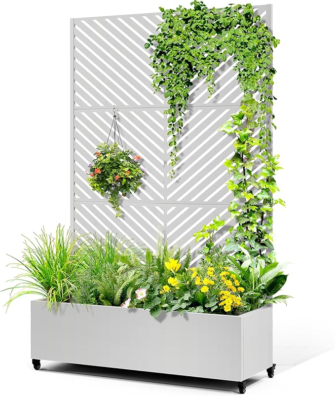 Metal Raised Garden Bed with Trellis 2-in-1 Planter Box &amp Privacy Screen for Climbing Plants Outdoor Standing Flower Bed with Drainage Holes 47.2 L x 16.7 W x 70.8 H White-Parallel