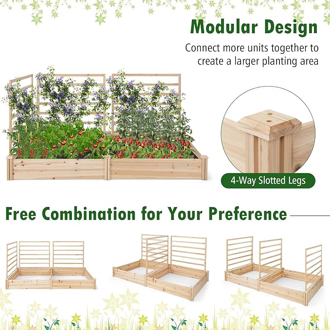 Raised Garden Bed with 3 Trellis &amp 2 Planter Boxes 88”L x 45”W x 43”H Outdoor Rectangular Raised Beds Wooden Gardening Planter for Climbing Vines Flowers Herbs Vegetables Fruits