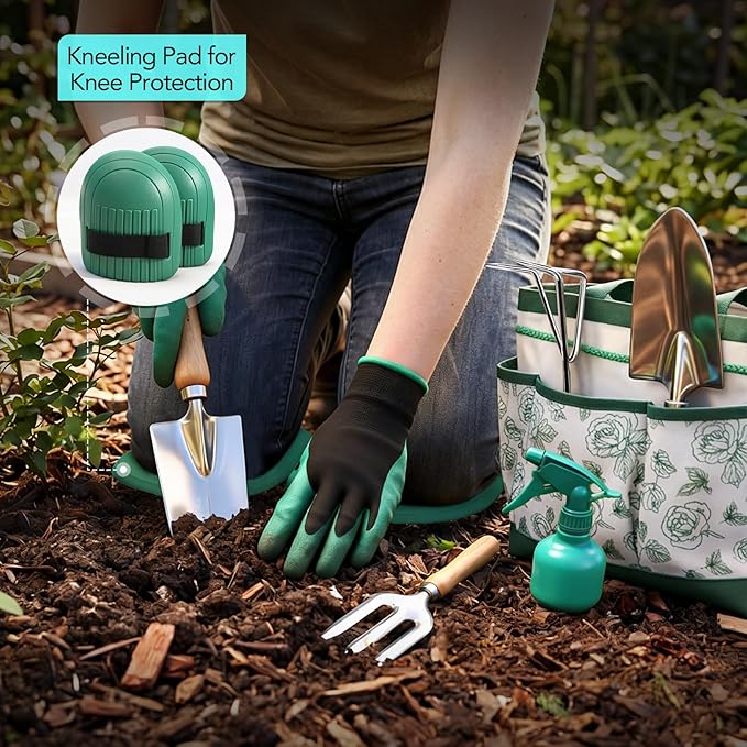Bluemars Gardening Hand Tool Kit 14PCS Heavy Duty Stainless Steel Garden Tool Set with Floral Garden Tote -Outdoor Gardening Transplanting Gifts for Woman