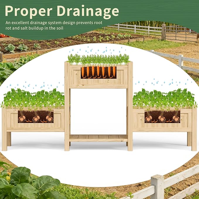Wooden Raised Garden Bed with Legs &amp Storage Shelf 3 Tier Outdoor Elevated Planter Box for Patios/Herbs/Flowers/Vegetables Easy Assembly Natural