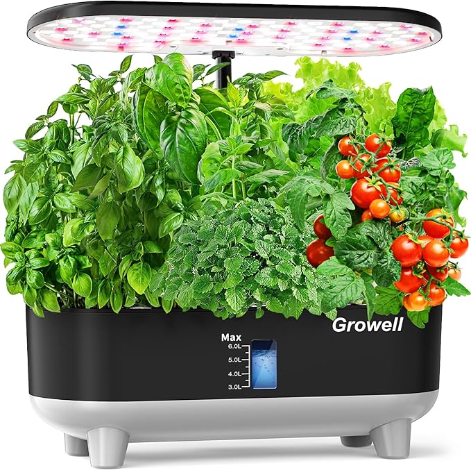 Hydroponics Growing System Kit 16 Pods Indoor Garden with 28W Full Spectrum LED Grow Light Auto Timer 3 Smart Light Modes 8L Large Herb Garden Ideal Gardening Gift for Women Men (Black)